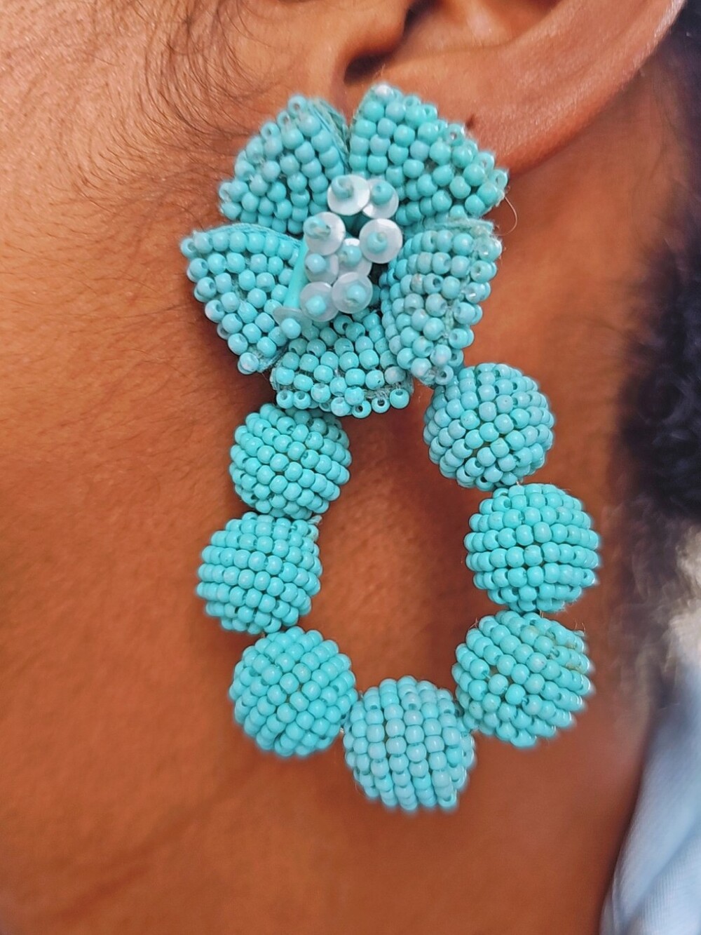 ZARA Turquoise Beaded Floral Hoop Statement Earrings